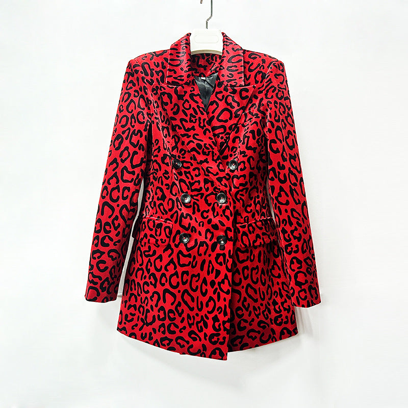 Leopard Print Double Breasted Blazer &amp; Midi Pencil Skirt 2-Piece Suit Set