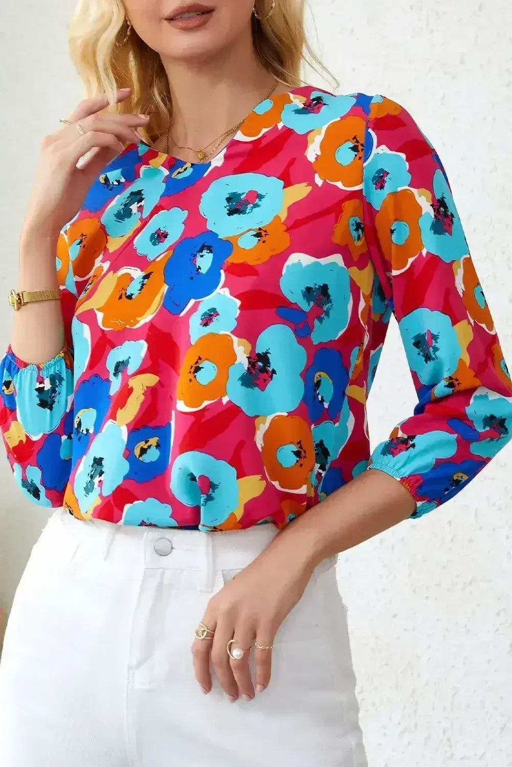 Floral Print V Neck Blouse - 3/4 Sleeve &amp; Non-Stretch | Femstylo