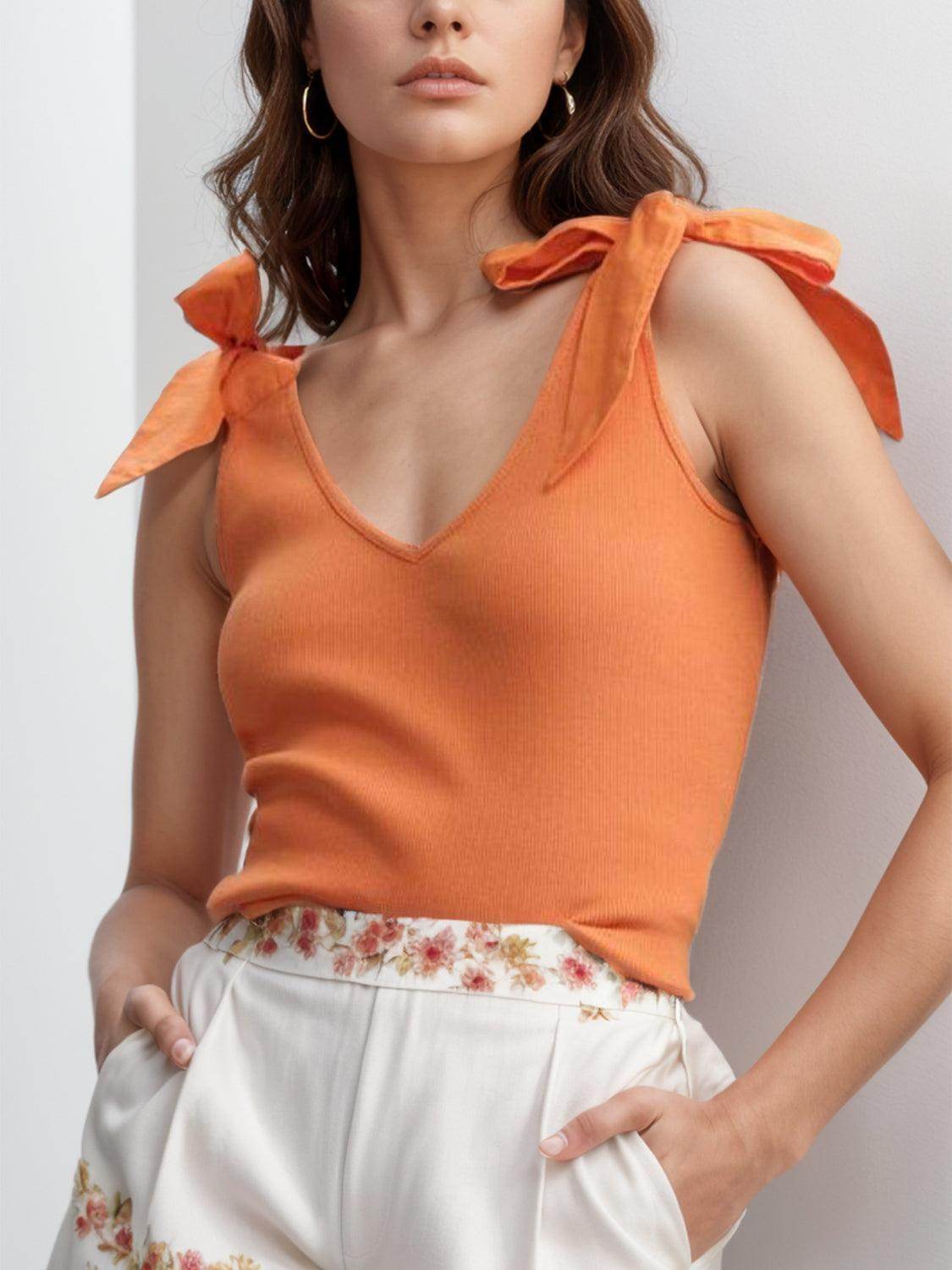 V-Neck Tie Shoulder Tank Top for Women with Stretch Fabric