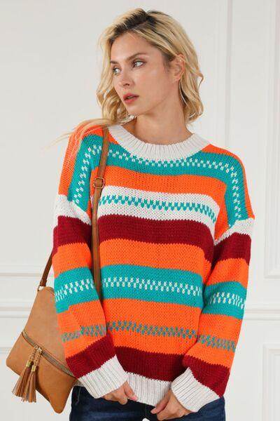 Contrast Striped Round Neck Long Sleeve Sweater for Women