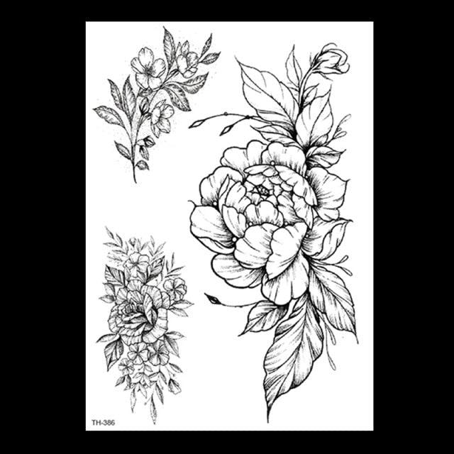 49 Sheets Waterproof Temporary Black Sketches Flowers Tattoo Stickers Flower Rose Tattoos For Women Adults