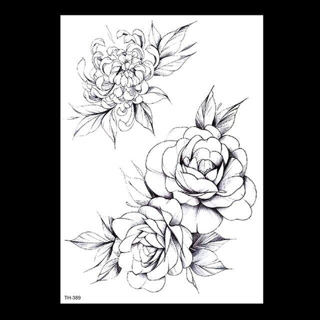 49 Sheets Waterproof Temporary Black Sketches Flowers Tattoo Stickers Flower Rose Tattoos For Women Adults