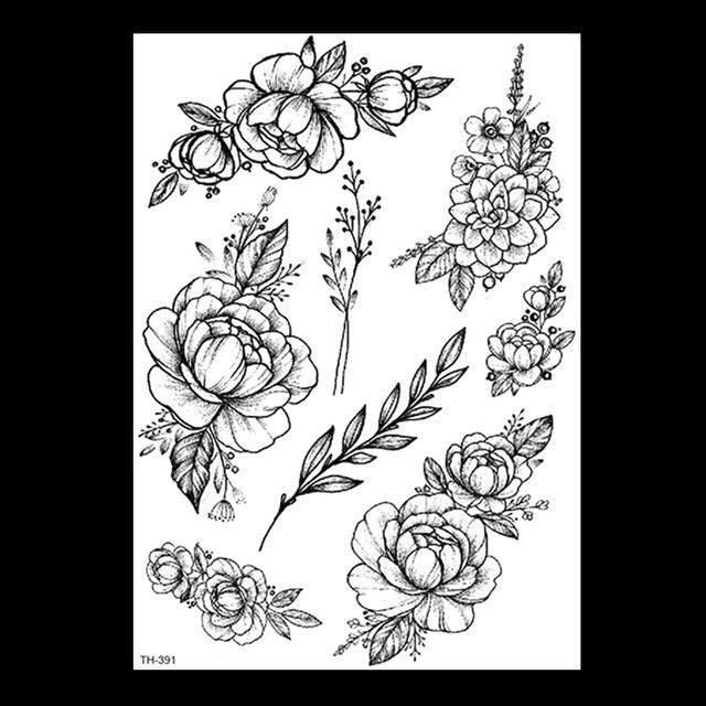 49 Sheets Waterproof Temporary Black Sketches Flowers Tattoo Stickers Flower Rose Tattoos For Women Adults
