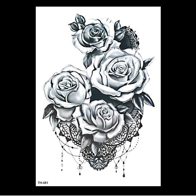 49 Sheets Waterproof Temporary Black Sketches Flowers Tattoo Stickers Flower Rose Tattoos For Women Adults