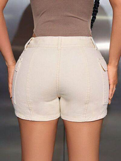 Mid-Rise Waist Denim Shorts with Pockets for Women