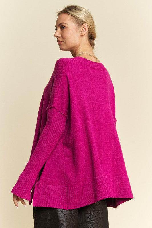 Davi &amp; Dani Ribbed Side Slit V-Neck Sweater for Women
