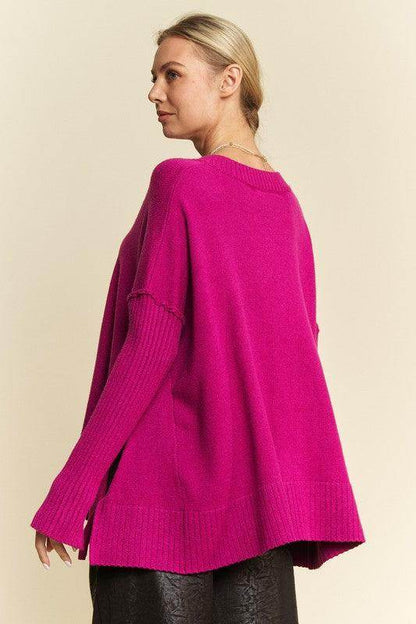 Davi &amp; Dani Ribbed Side Slit V-Neck Sweater for Women