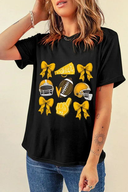 Game Day Rugby Tee: White Cheer Helmet &amp; Bow Graphic T-Shirt