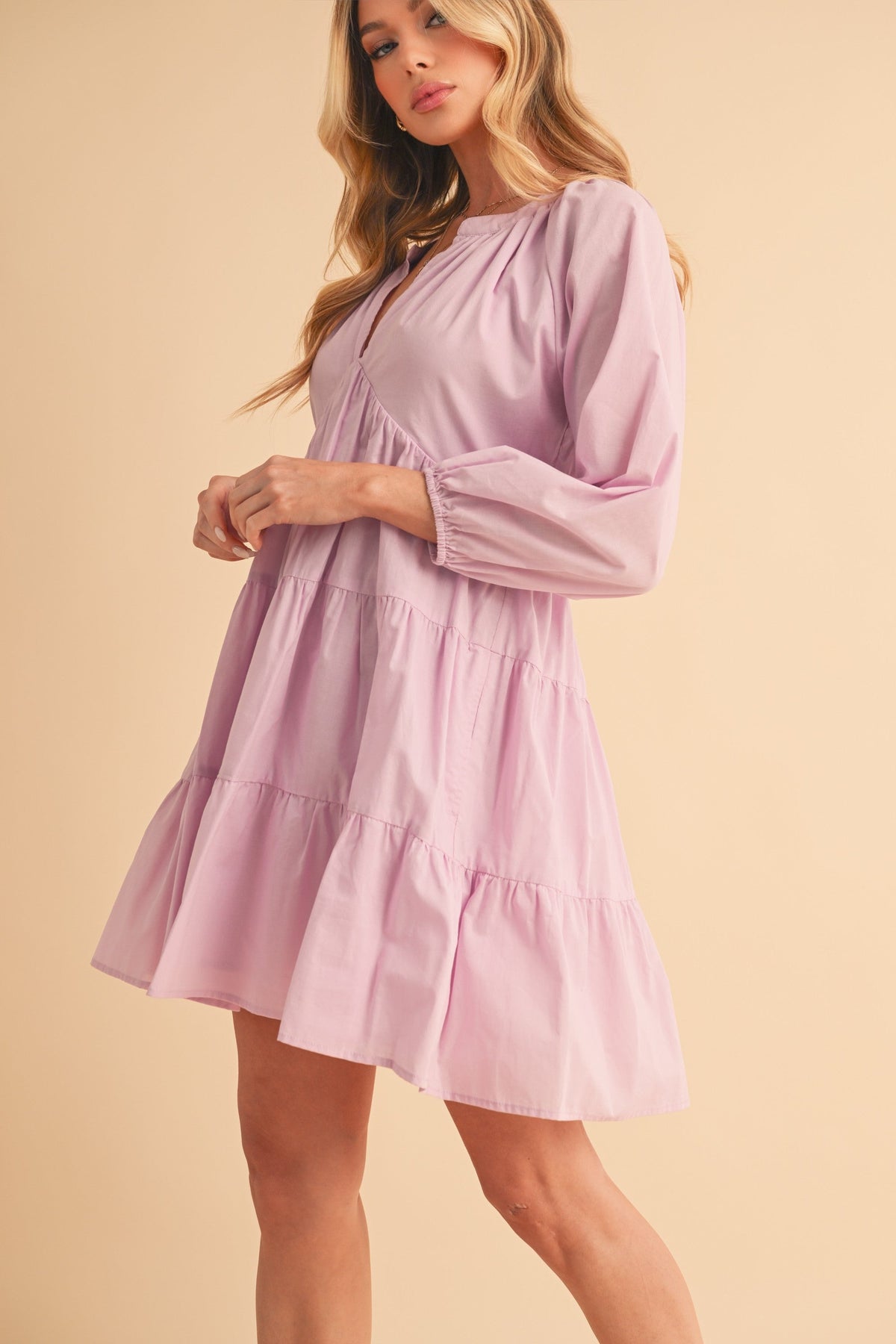 Notched Balloon Sleeve Tiered Mini Dress For Women–Trendy, Chic Style with Modern Balloon Sleeves, Tiered Layers for a Playful &amp; Flirty Look