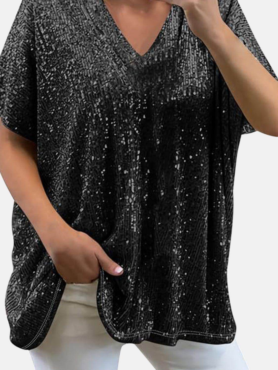 Full Size Sequin V-Neck Short Sleeve Top for Women