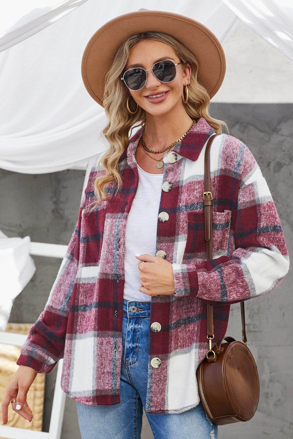 Plaid Button Up Dropped Shoulder Jacket for Women Stylish