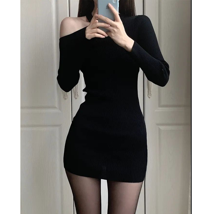 Bodycon Sheath Dress With Off The Shoulder Knit Design
