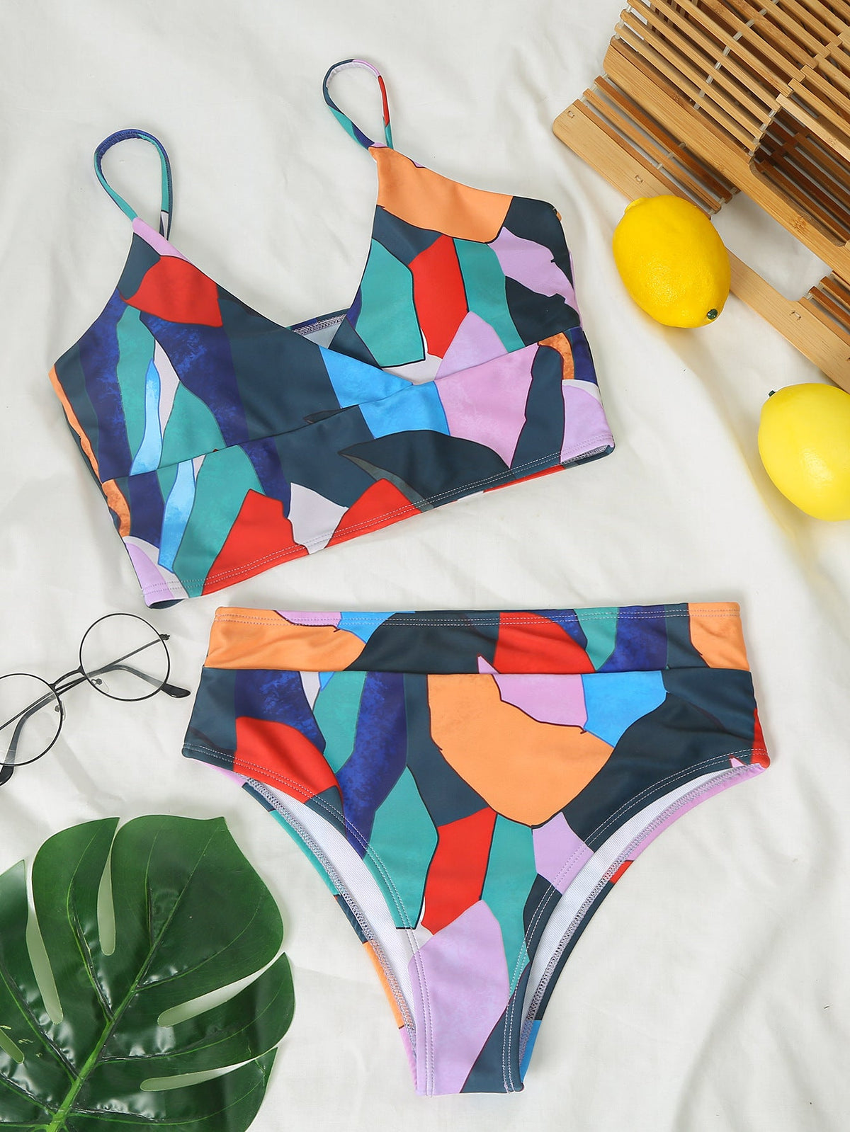 Geometric Colorful Bikini Sets Solid Color Ruffled Swimwear Bathing Suits 2 Piece Split Push Up Bandage Beachwear Women&