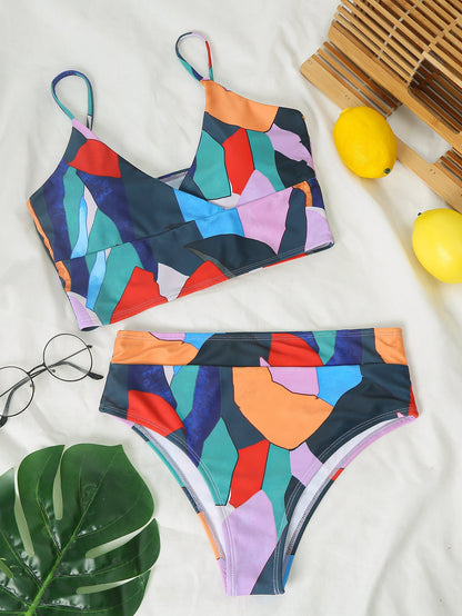 Geometric Colorful Bikini Sets Solid Color Ruffled Swimwear Bathing Suits 2 Piece Split Push Up Bandage Beachwear Women&