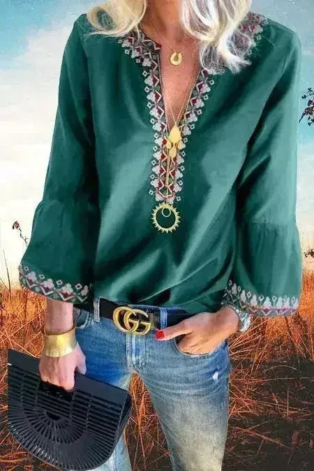 Green Floral V Neck Long Sleeve Casual Boho Top Blouses