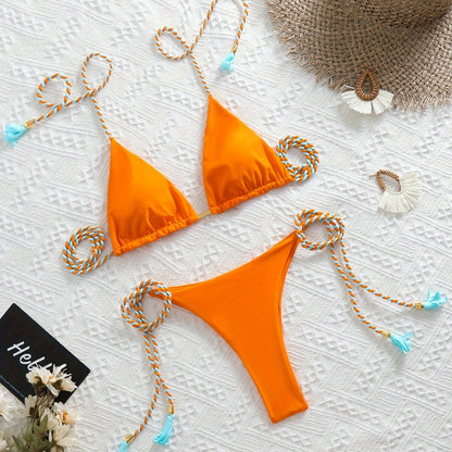 New Festival Flame Halter Bikini Set for Women – Triangle V-Neck Backless Two-Piece Swimsuit with Tie Side Bottoms &amp; Adjustable Lace-Up Fit – Sleek Polyamide Swimwear for Koningsdag/King’s Day &amp; Summer Beach Celebrations