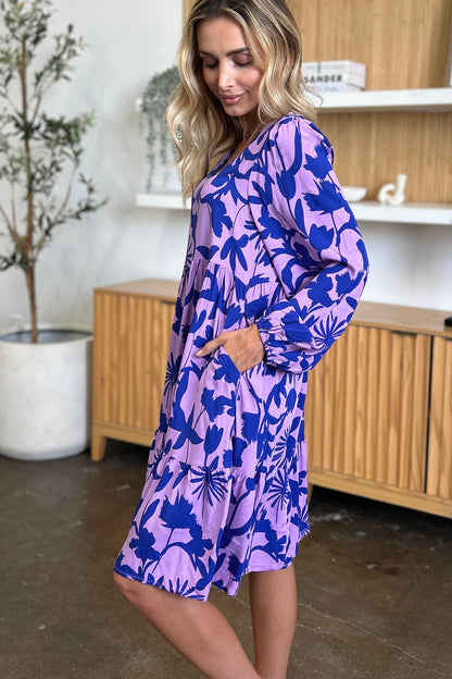 Double Take Full Size Printed Ruffle Hem Dress with Pocket Stylish &amp; Functional Women Dress