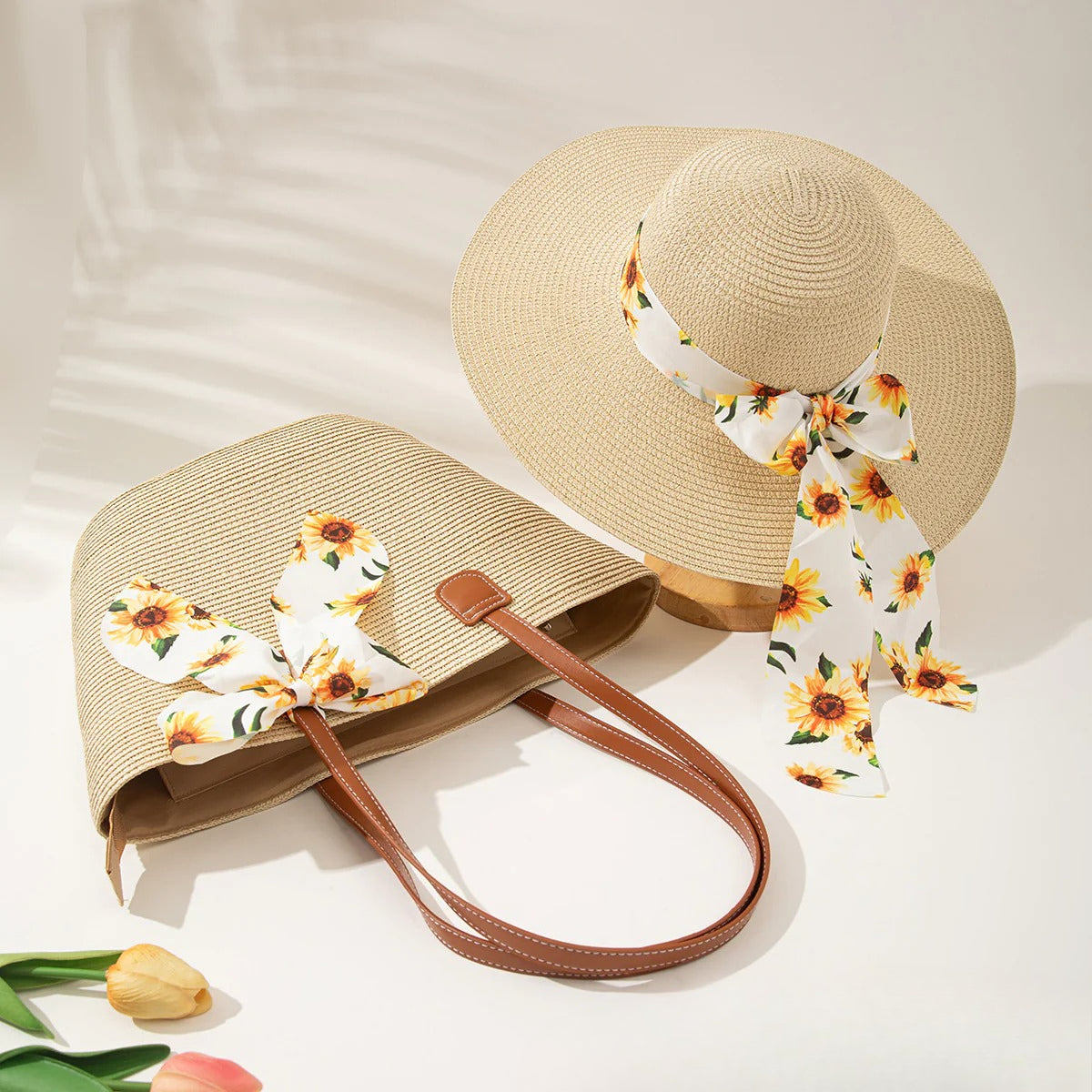 Straw Hat &amp; Tote Set – Beach Vacation Sun Protection Duo, Large Capacity Travel Tote