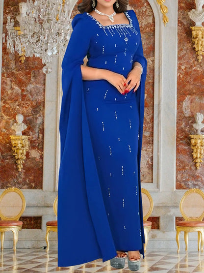 Rhinestone Square Neck Slit Sleeve Maxi Dress
