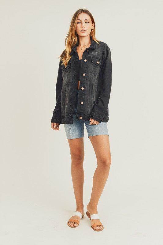 RISEN Full Size Distressed Long Sleeve Denim Jacket for Women