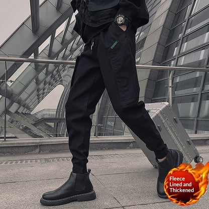 Mens Fleece-Lined Extra-Thick Slim-Fit Cargo Pants With Drawstring Hems