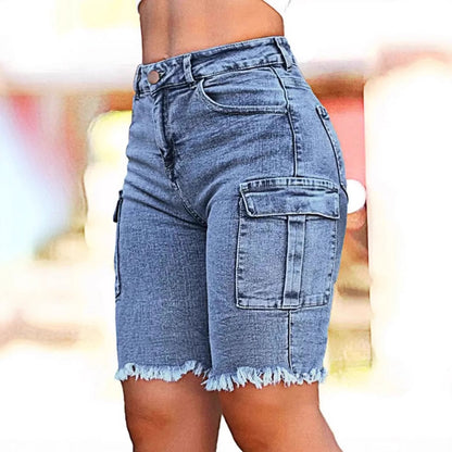 Stretch-washed High-rise Denim Shorts With Side Pockets And A High Stretch Factor