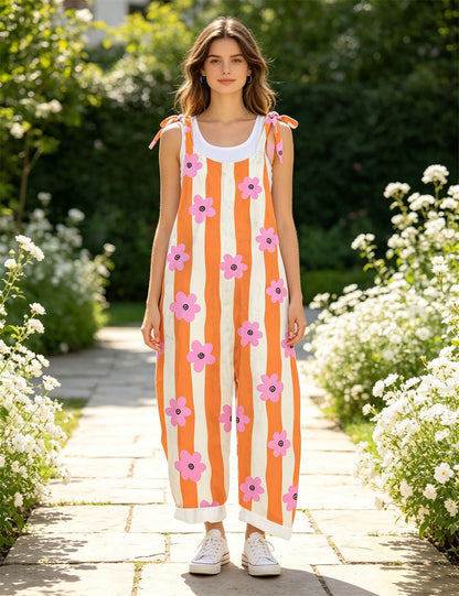 Women Floral Stripe Print Overalls, Adjustable Tie Shoulder Wide Leg Bib Pants Casual Jumpsuit