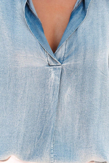 Notched Short Sleeve Denim Top for Casual Summer Style