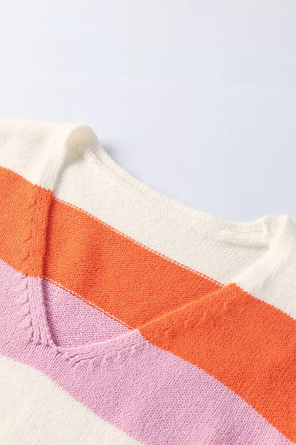 V-Neck Striped Color Block Knit Top