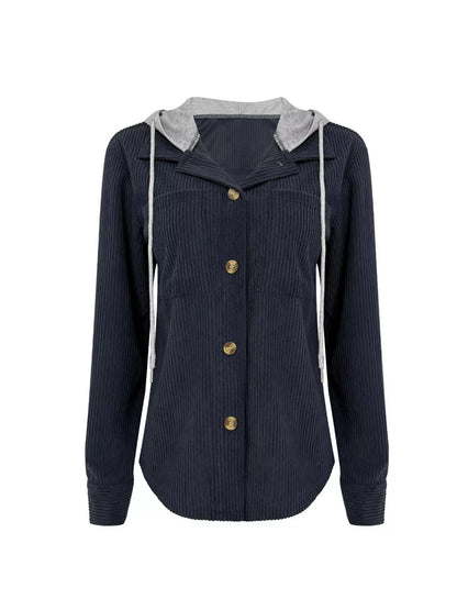 Plus Size Casual Corduroy Button-Down Hooded Jacket