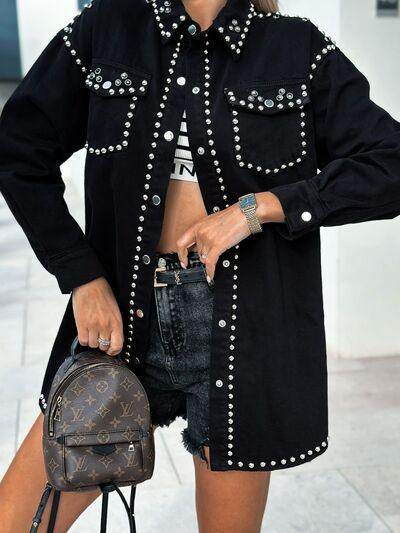 Studded Snap Down Long Sleeve Denim Shacket for Women