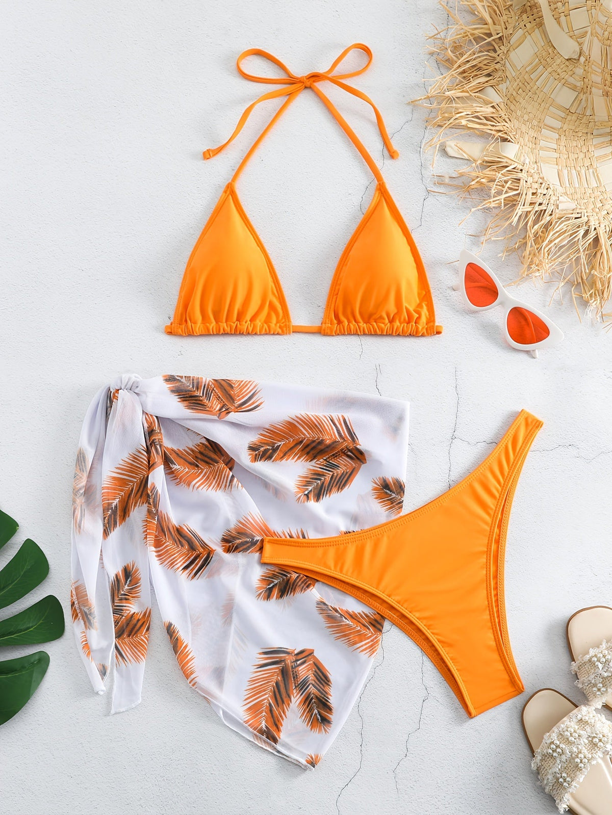 Feather Luxe 3-Piece Bikini Set – Exotic Feather Print Halter Neck Backless Swimsuit with High Cut Tie Back Bottoms and Wrap Cover-Up – Women’s High-Stretch Comfortable Swimwear for Summer Beach &amp; Pool Vacations