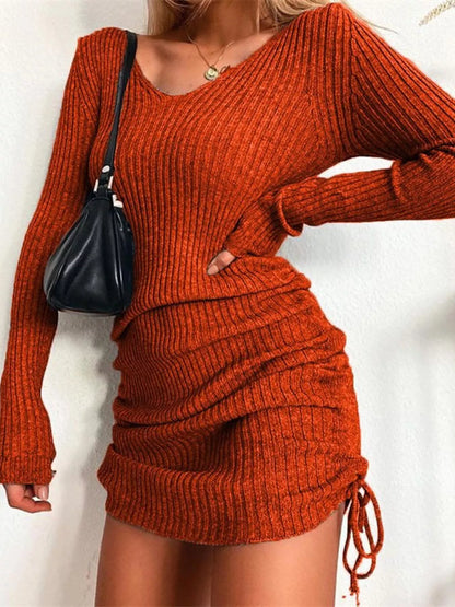 Full Size Ribbed Knit Drawstring Bodycon Sweater Dress Plus Size