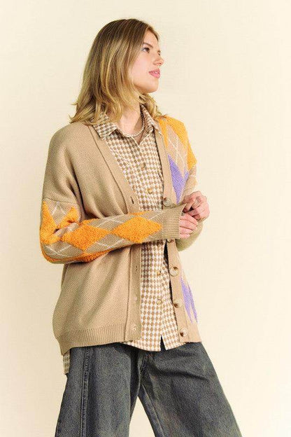 Davi &amp; Dani Argyle V-Neck Dropped Shoulder Cardigan Style