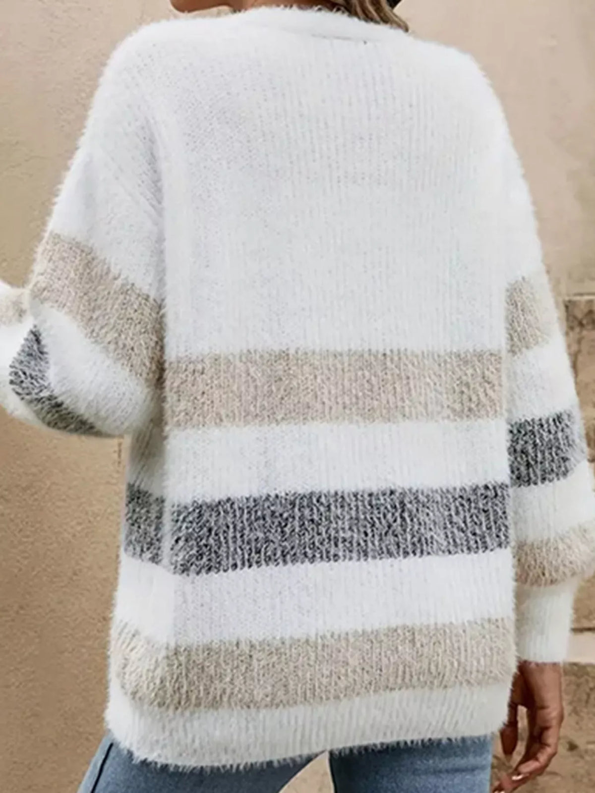 Striped Fuzzy Knit Button-Up Cardigan
