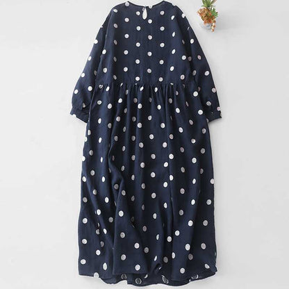 Artistic Retro Blue Polka-Dot Dress Crew-Neck Long-Sleeve French-Elegance Cotton-Linen Jumper Dress