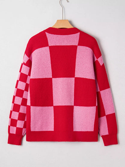 Checkerboard Knit Button-Down Cardigan