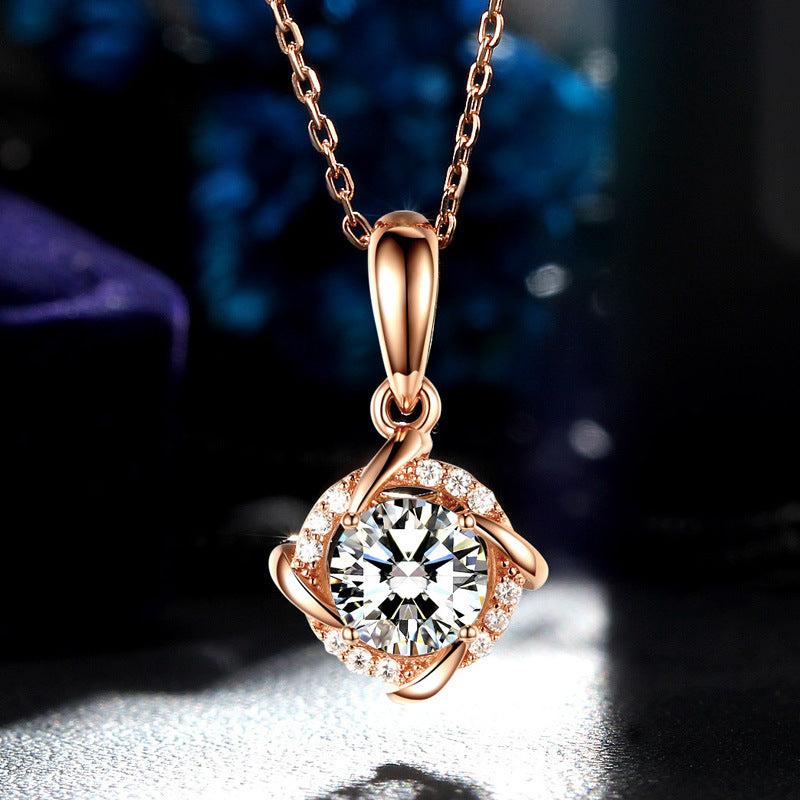 S925 Sterling Silver 1ct D-VVS1 Moissanite Necklace, Twisted Pendant Design, Platinum Plated 40&amp;45cm Chain, GRA Certified Jewelry Gift Box