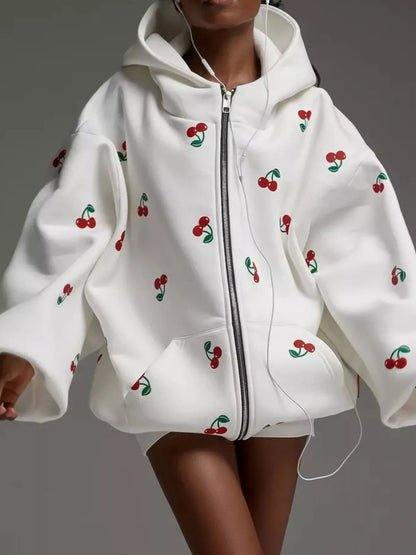Cherry Print Oversized Zip-Up Hoodie