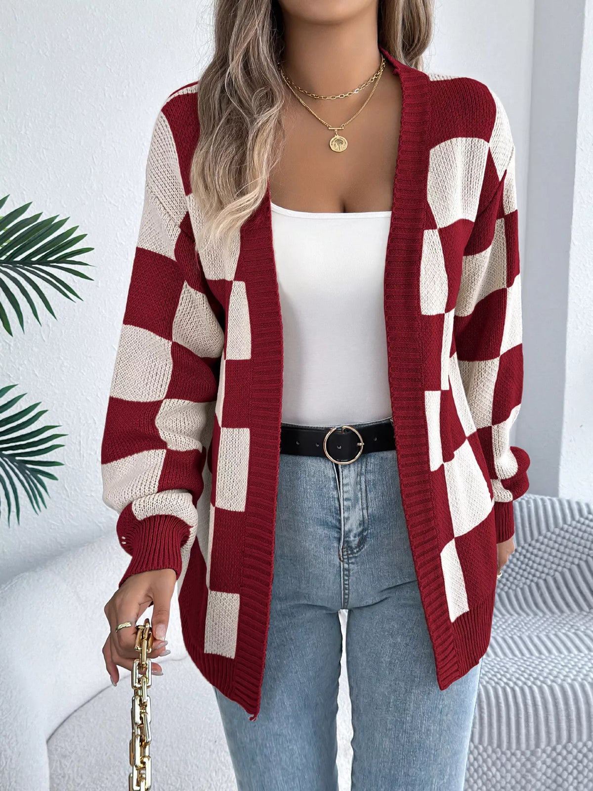 Checkered Pattern Open Front Cardigan