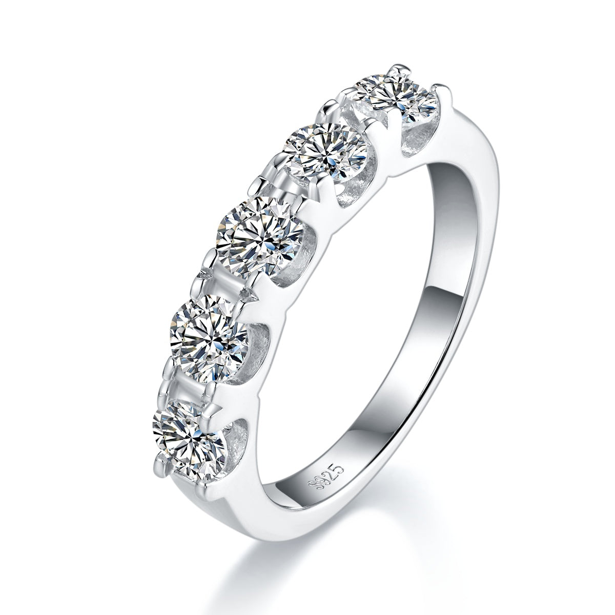 5-Stone Moissanite Wedding Band Ring, 4mm&amp;5 D Color VVS1 S925 Silver Platinum Plated Anniversary Ring With GRA, US 5-9.