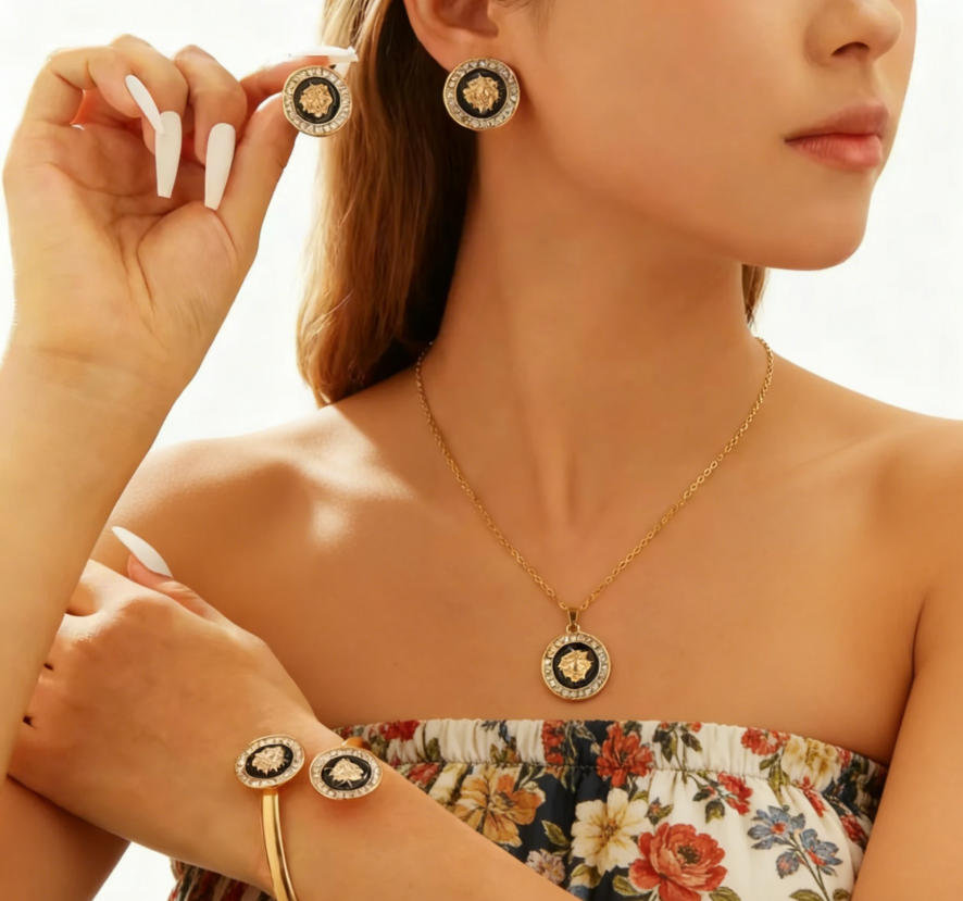 Trendy Lion Head Studs Necklace Ring Set for Women Daily &amp; Party