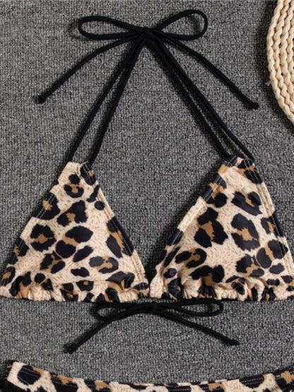 Sunset Bloom 2-Piece Triangle Bikini Set for Women – Vibrant Random Floral Print Halter Neck Swimsuit with Tie-Back Tie-Side Bottoms &amp; High Cut Legs – Women&
