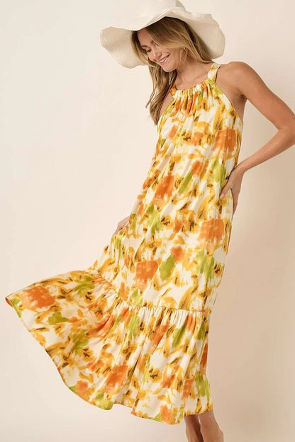Mittoshop Watercolor Print Halter Neck Satin Maxi Dress