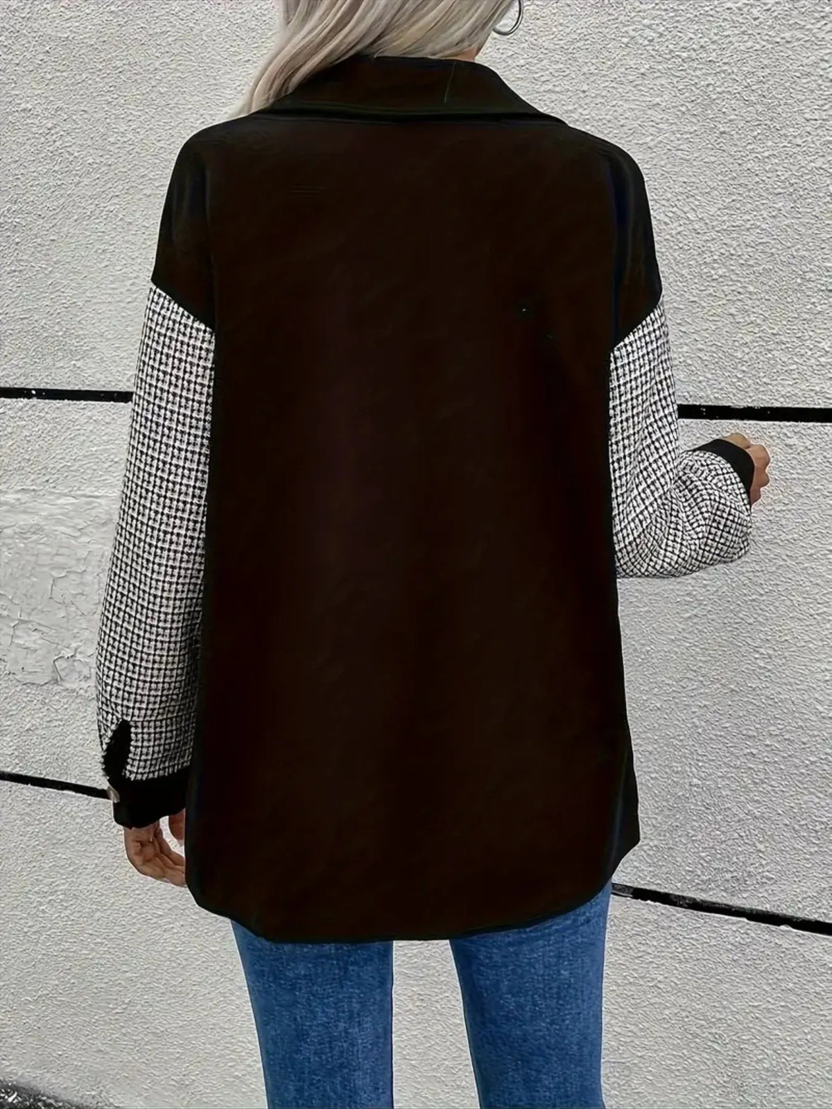 Houndstooth Contrast Button-Up Oversized Jacket