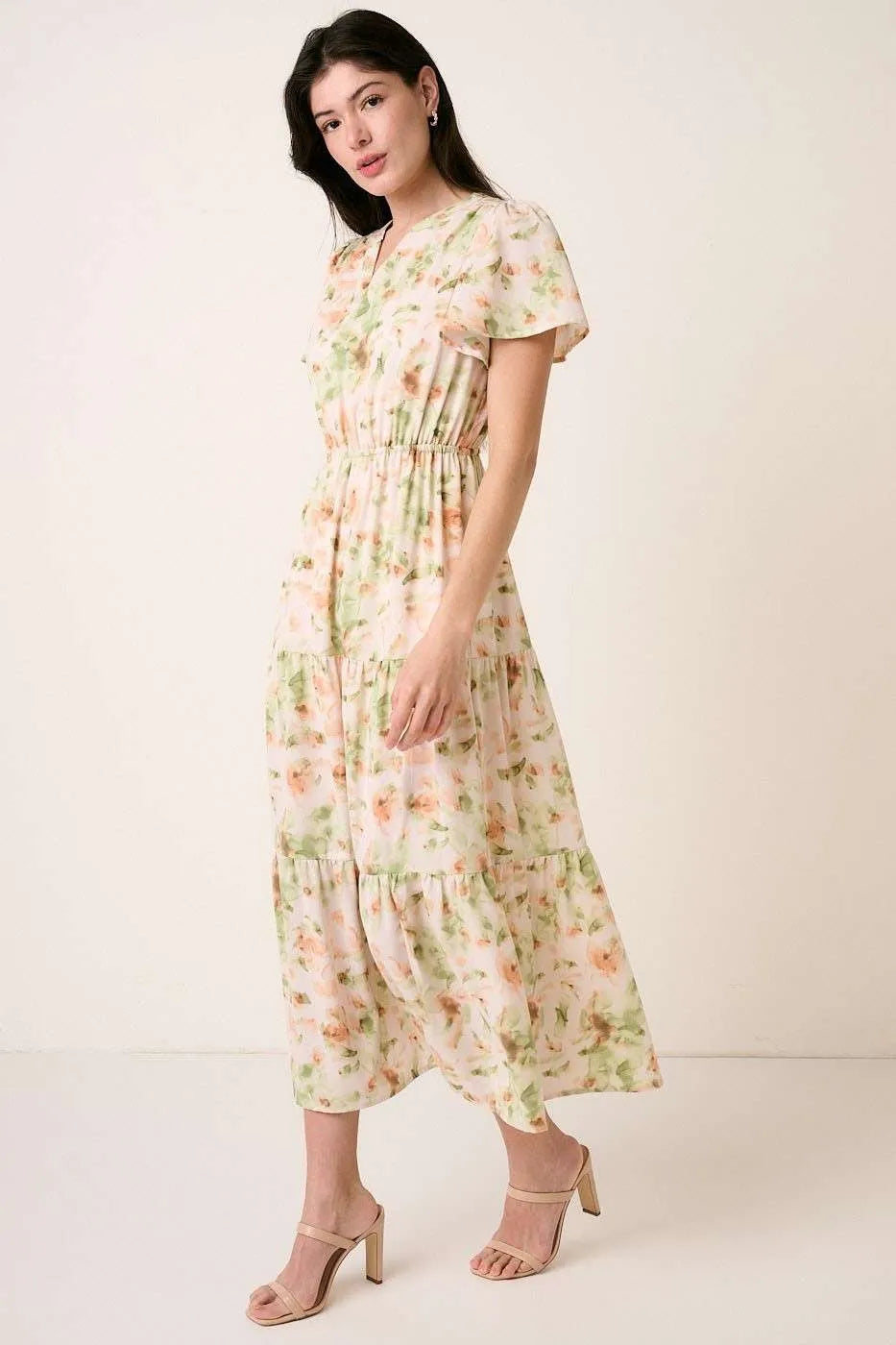 Mittoshop Flower Print Flutter Sleeve V Slit Maxi Dress