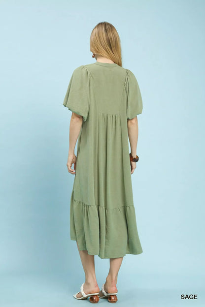 Umgee Puff Sleeve Midi Dress with Lace Detail