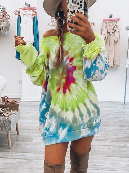Full Size Tie-Dye Round Neck Long Sleeve Dress Trendy &amp; Comfortable Casual Dress for Women