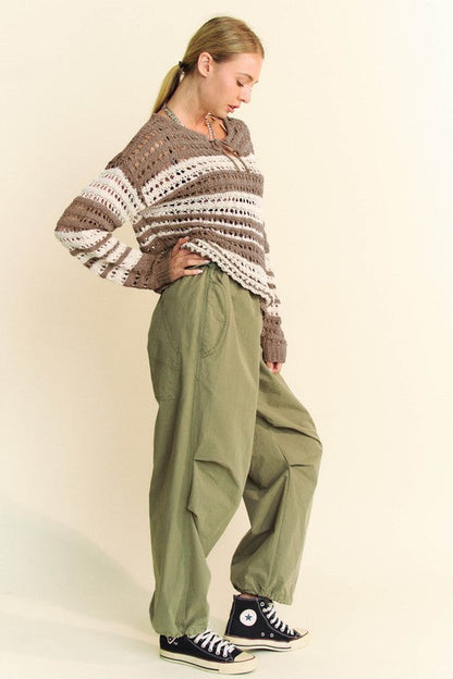 Back To School Sweater - Davi &amp; Dani Contrast Striped Crochet Drop Shoulder Knit Cover Up