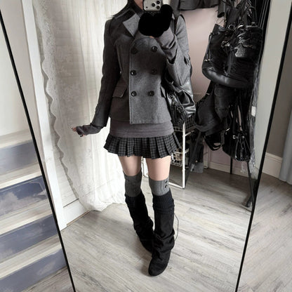 Womens Short Wool Coat Notched Lapel Double-breasted Jacket